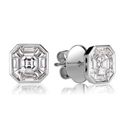 1.00ct Asscher Cut Mosaic Diamond Stud Earrings in 18K White Gold