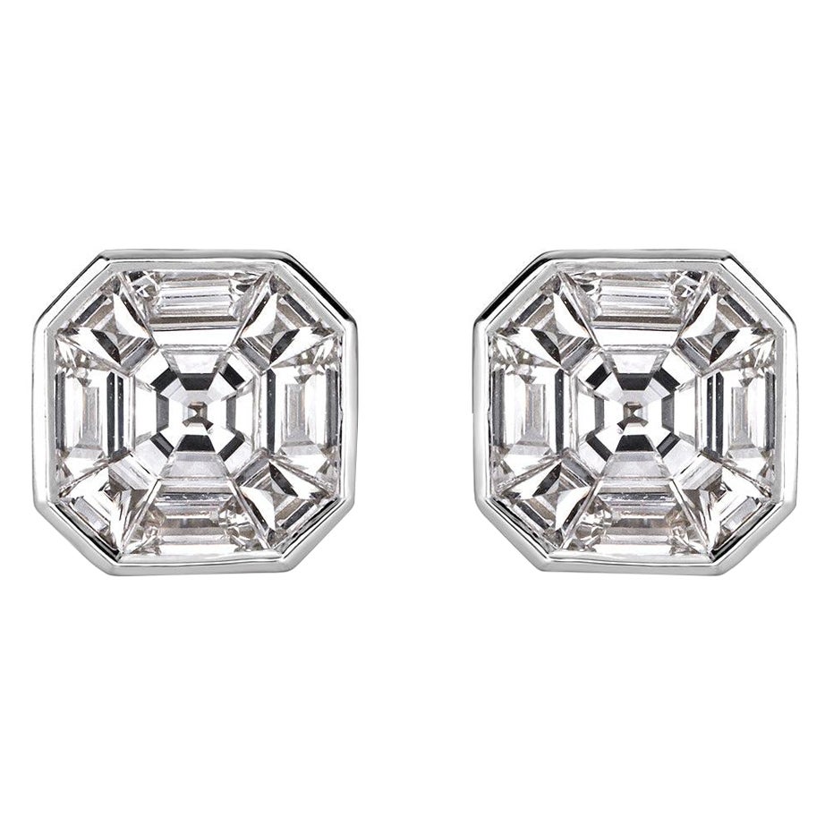 1.00ct Asscher Cut Mosaic Diamond Stud Earrings in 18K White Gold