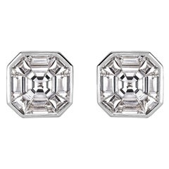 1.00ct Asscher Cut Mosaic Diamond Stud Earrings in 18K White Gold