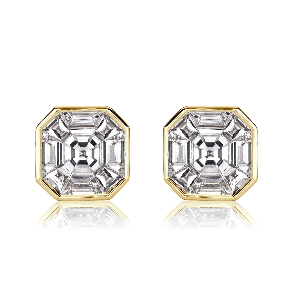 1.00ct Asscher Cut Mosaic Diamond Stud Earrings in 18K Yellow Gold For Sale