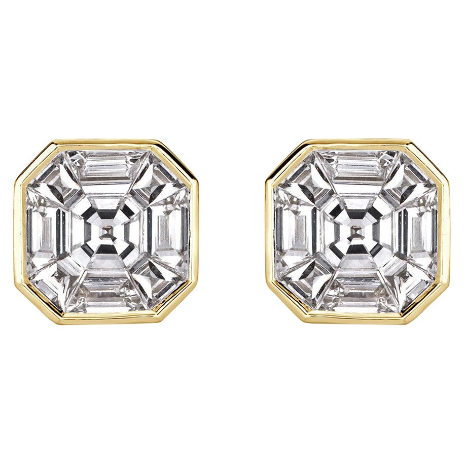 1.00ct Asscher Cut Mosaic Diamond Stud Earrings in 18K Yellow Gold