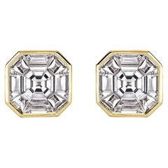 1.00ct Asscher Cut Mosaic Diamond Stud Earrings in 18K Yellow Gold