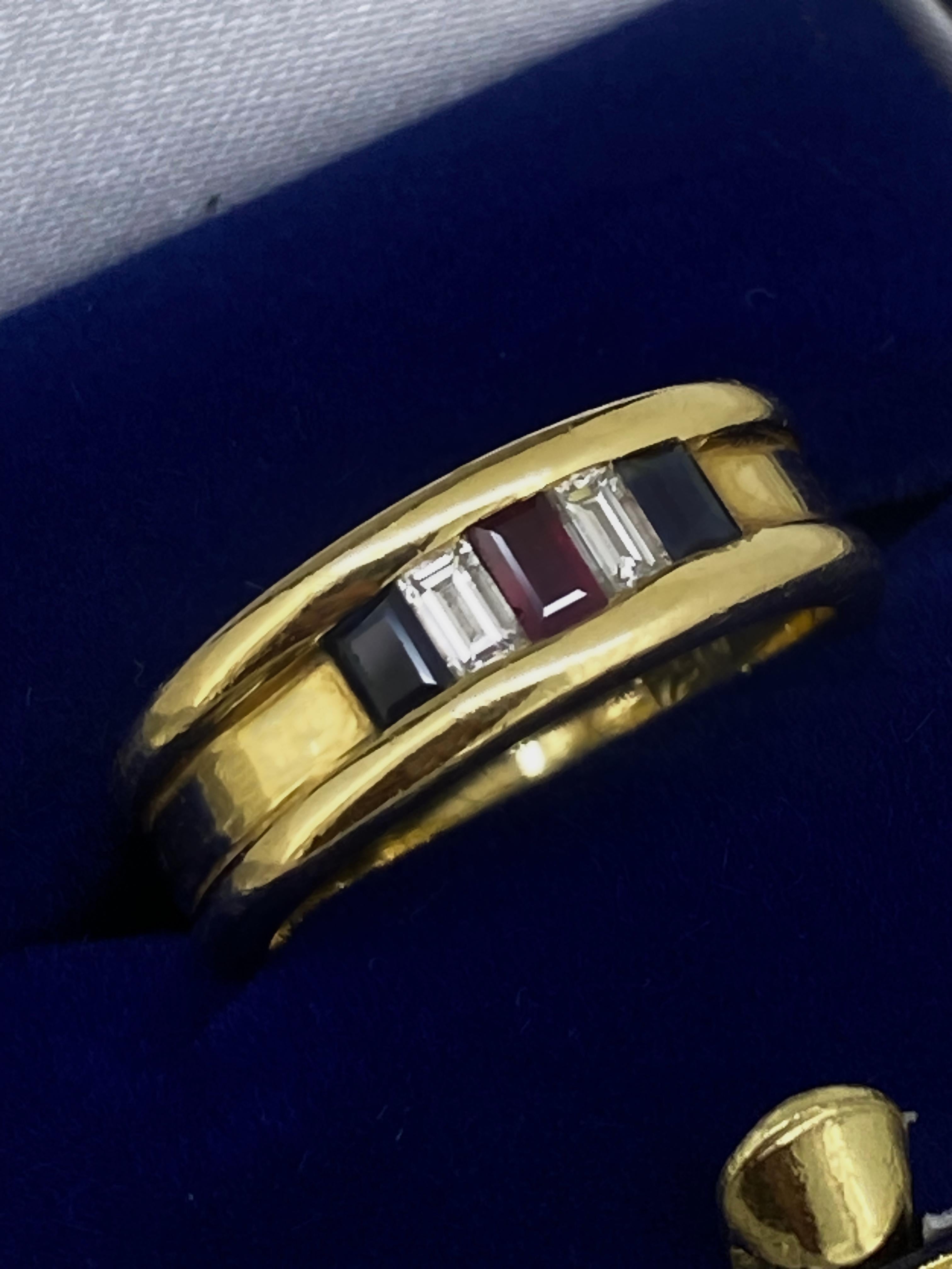 Women's or Men's 1.00ct Baguette Cut Multi Gem (Diamonds, Sapphires, Ruby) 18K Yellow Gold Ring