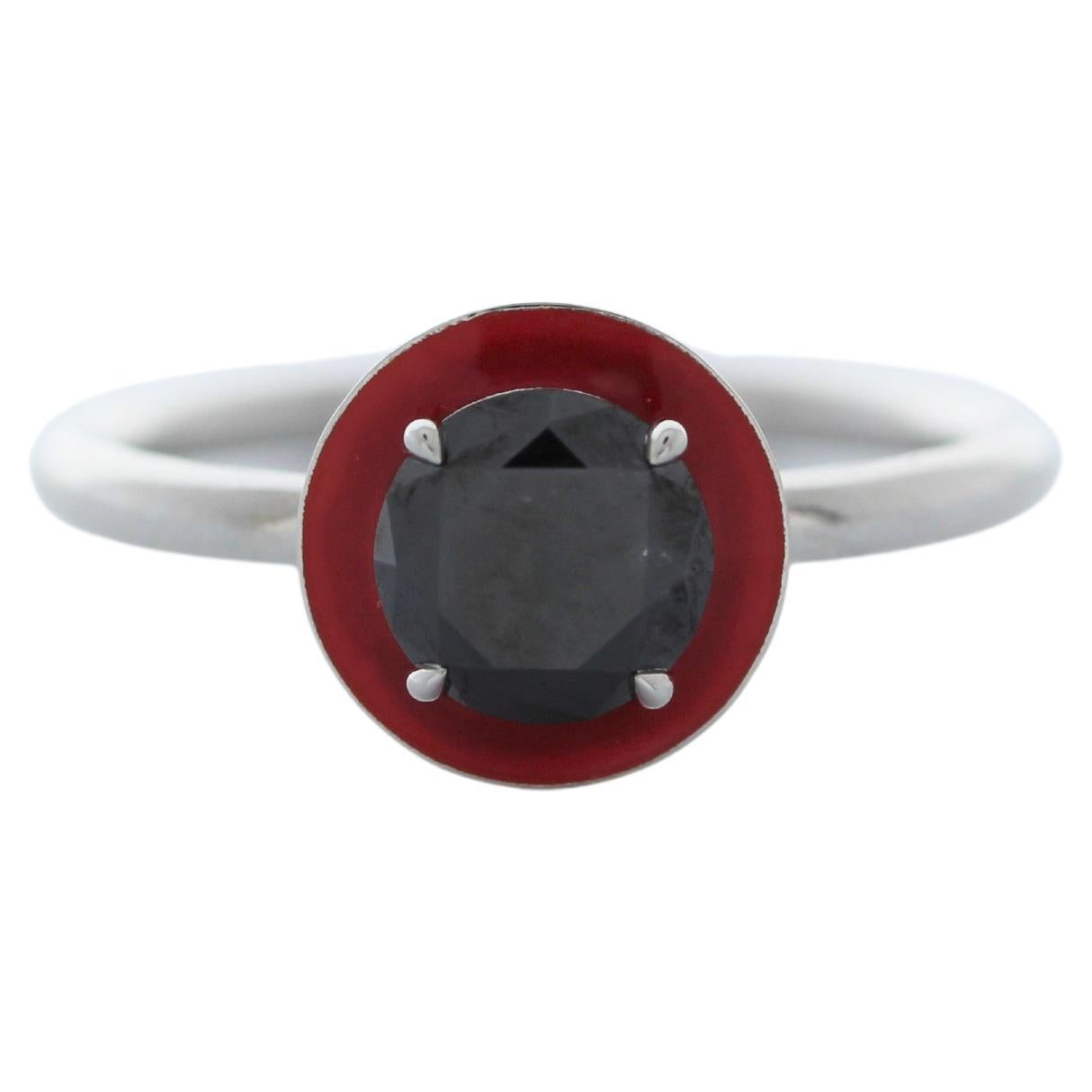1.00CT Black Diamond with Red Enamel Halo in Platinum Fluorescent For Sale