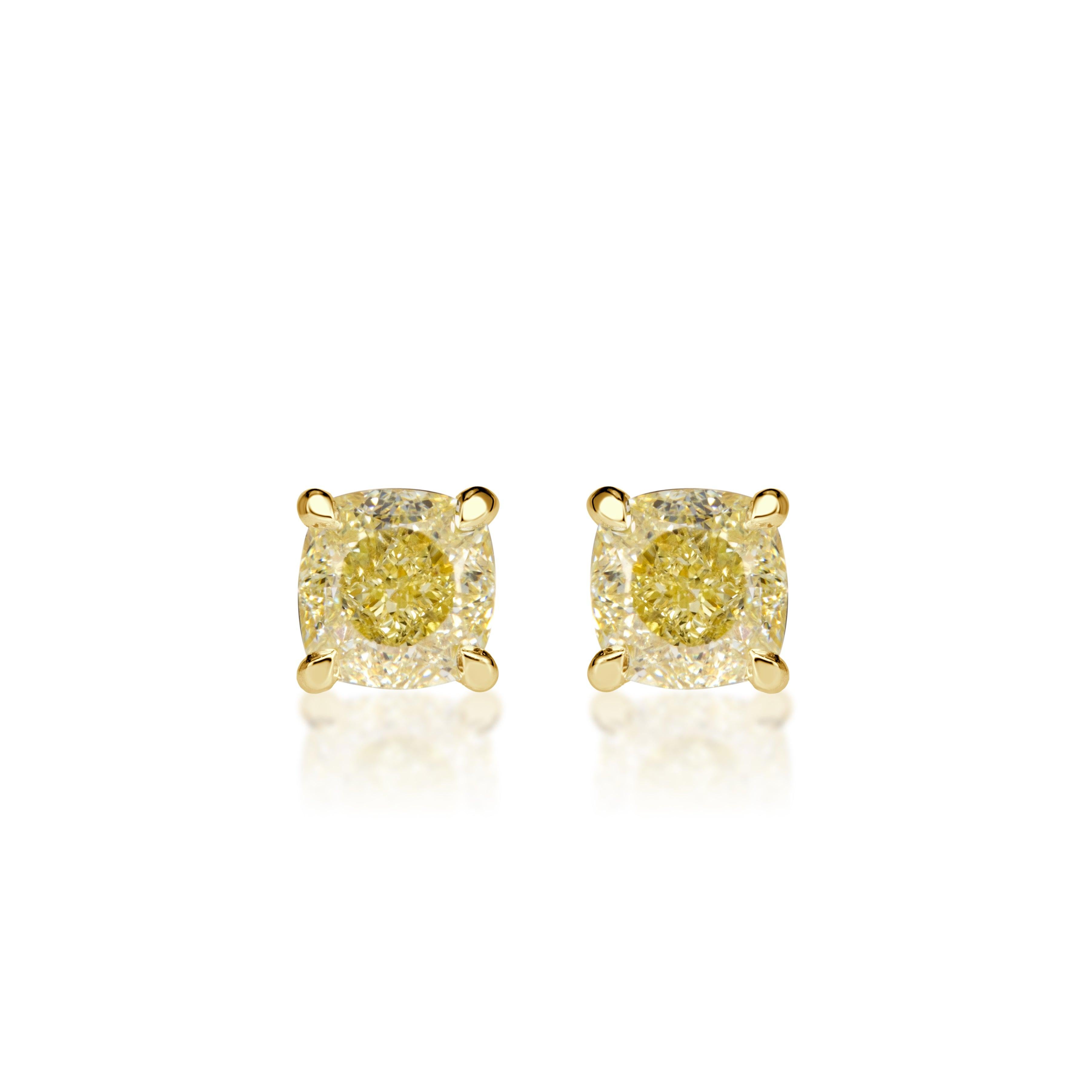 1.00ct Cushion Cut Fancy Yellow Stud Earrings For Sale