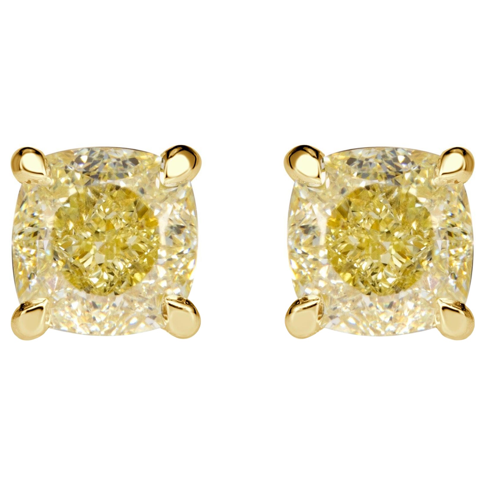1.00ct Cushion Cut Fancy Yellow Stud Earrings