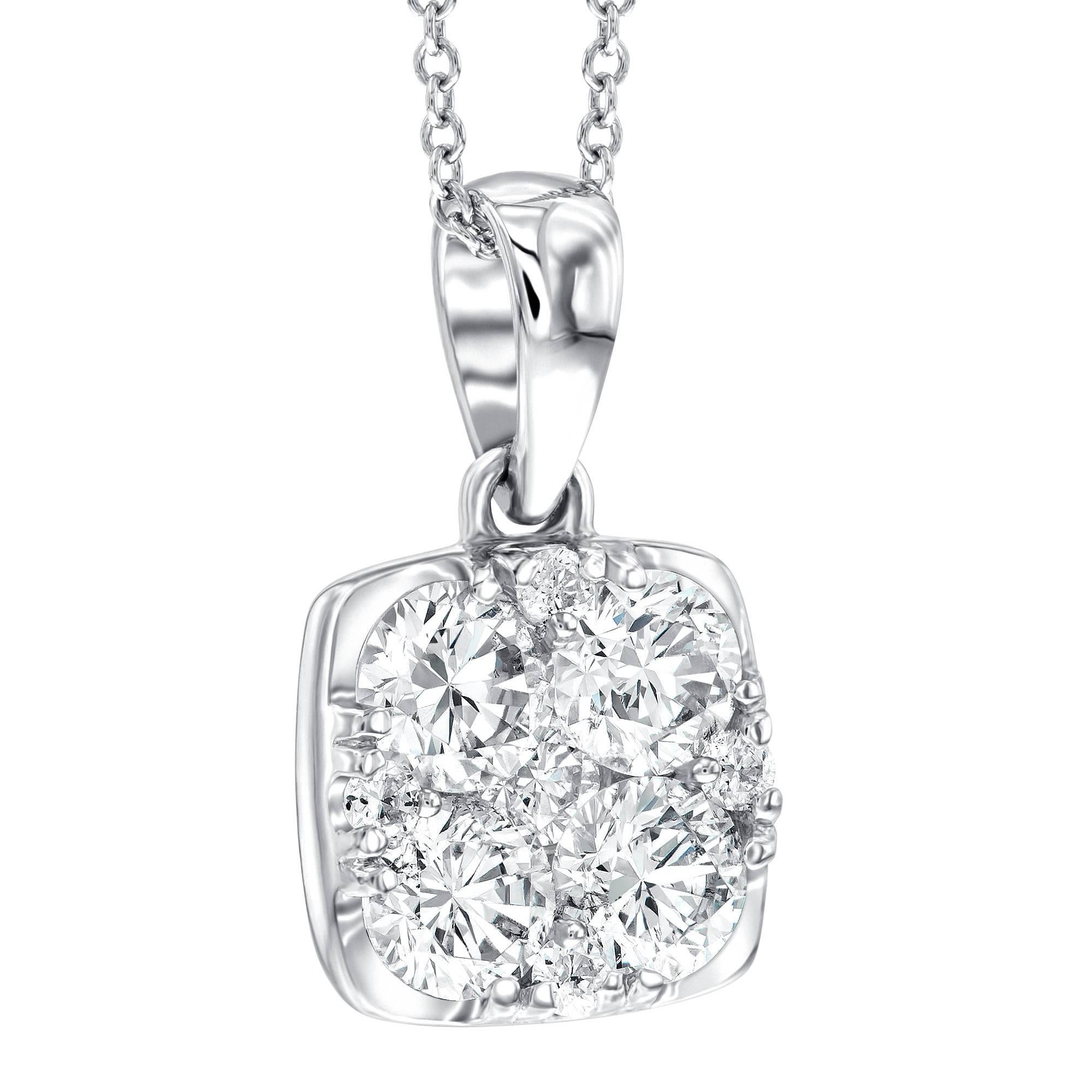 A gorgeous 1.00ct claw set Cushion Cut pendant, inlaid with various size diamonds this pendant has a unique studded finish that really captures the light. Set in 18ct White Gold which enhances the brilliance of the H-SI white diamonds. This pendant