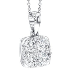 1.00CT Cushion Cut Round White Diamond Cluster 18Karat White Gold Chain Pendant