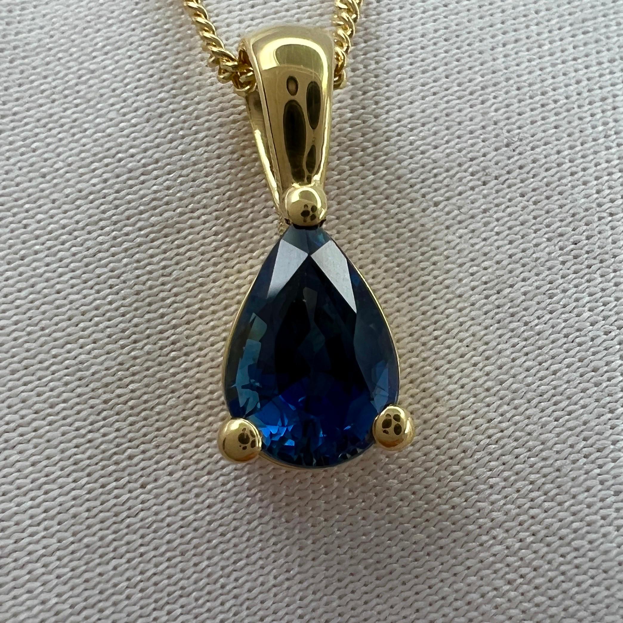 1.00ct Deep Blue Sapphire 18k Yellow Gold Pear Teardrop Cut Solitaire Pendant For Sale 5