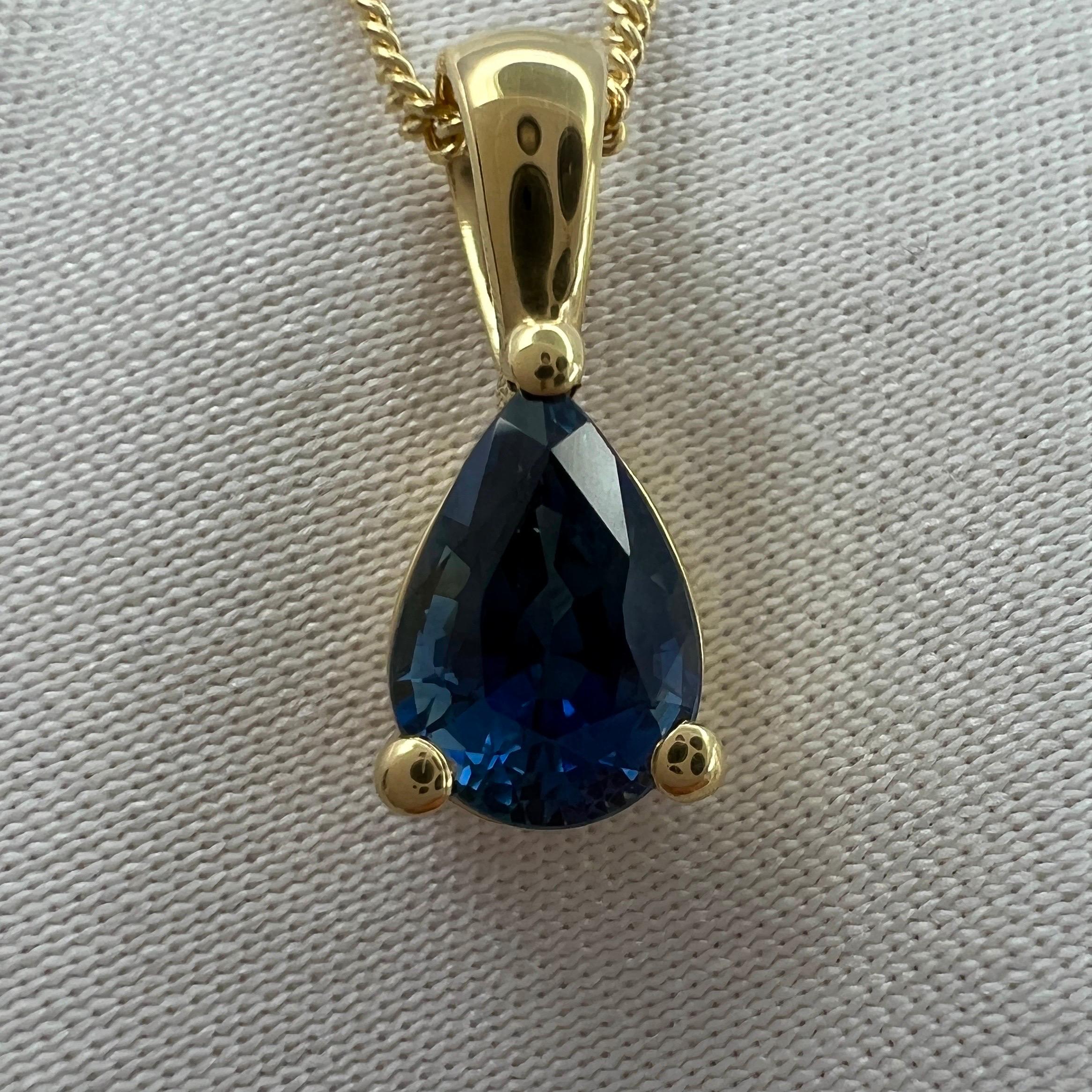 Pear Cut 1.00ct Deep Blue Sapphire 18k Yellow Gold Pear Teardrop Cut Solitaire Pendant For Sale