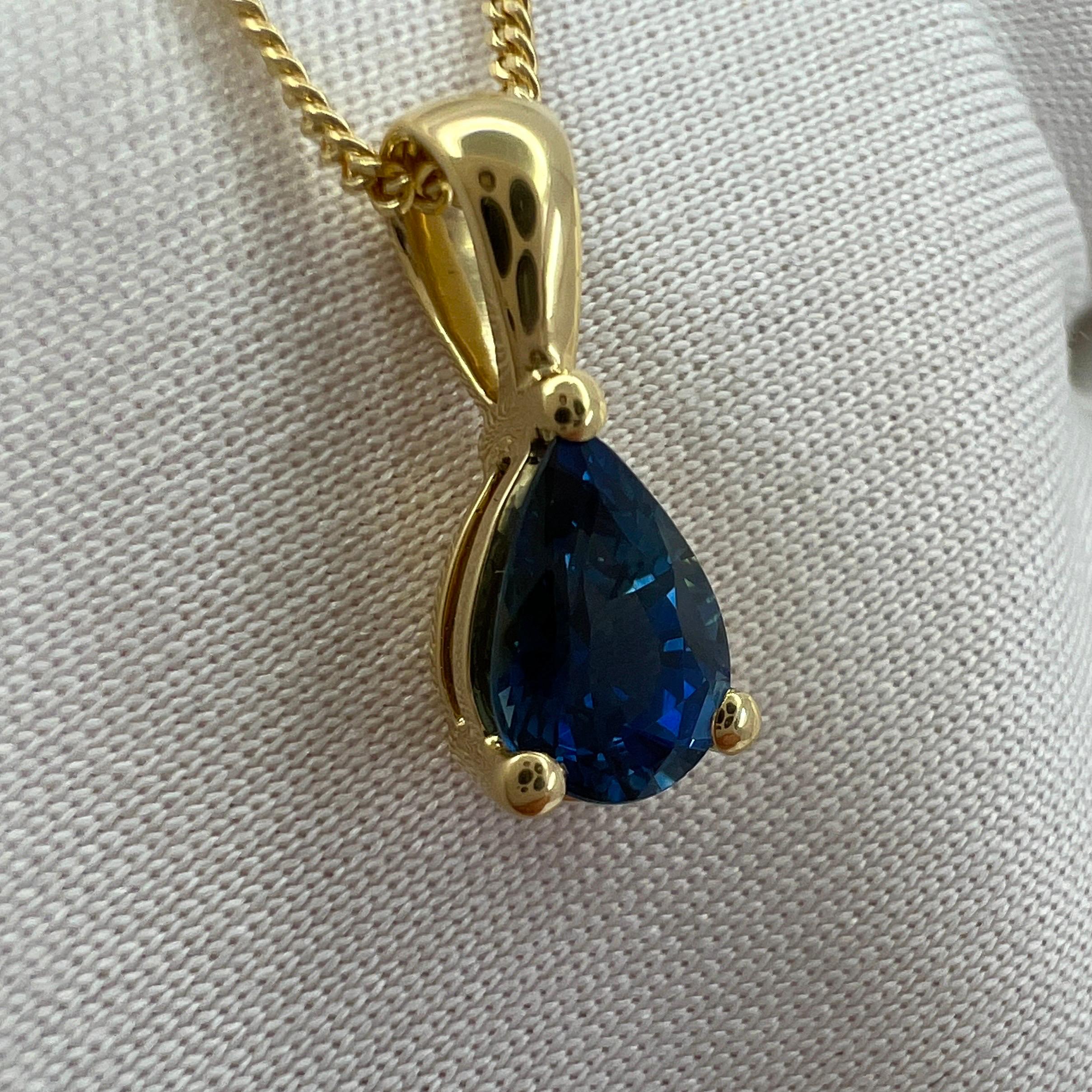 1.00ct Deep Blue Sapphire 18k Yellow Gold Pear Teardrop Cut Solitaire Pendant In New Condition For Sale In Birmingham, GB