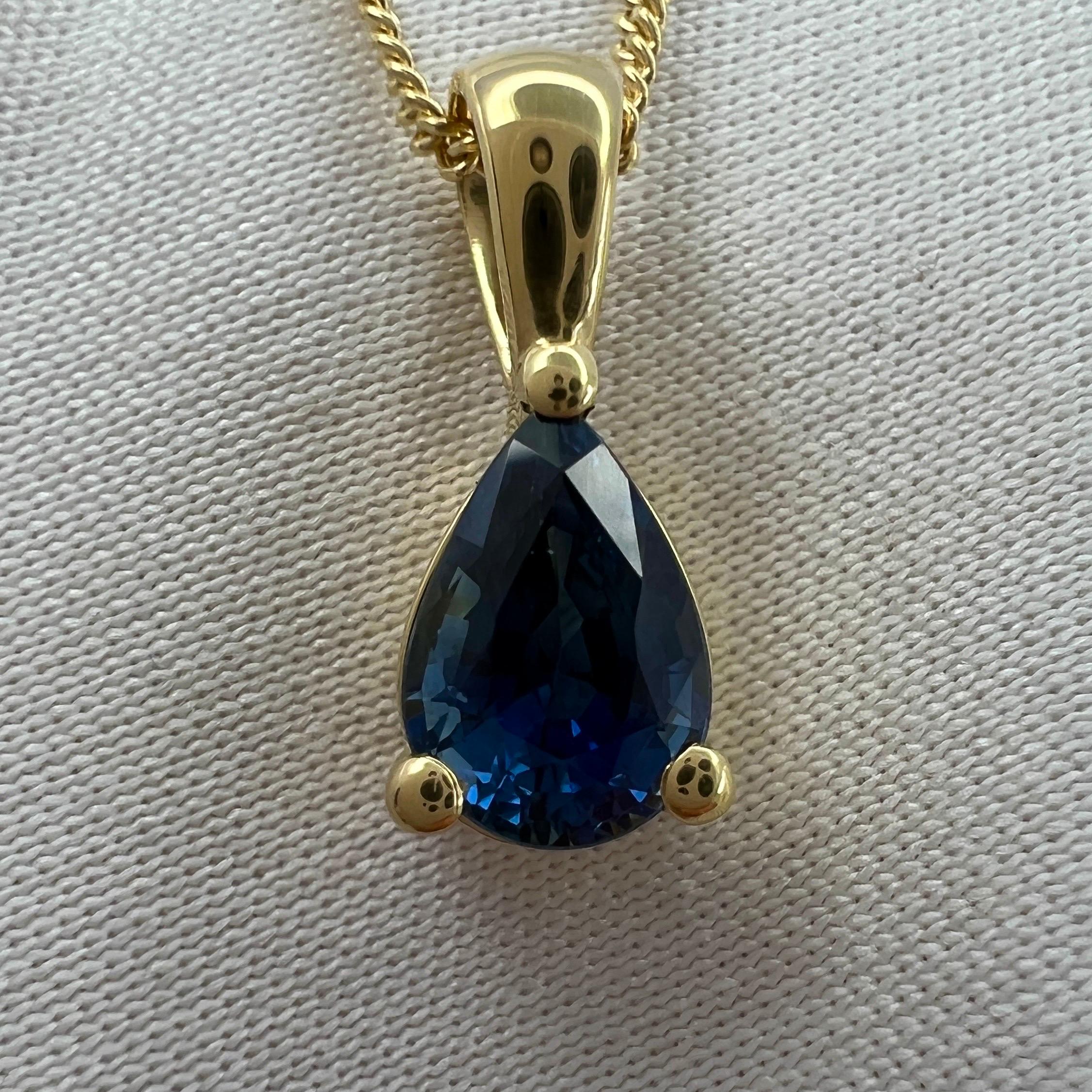 1.00ct Deep Blue Sapphire 18k Yellow Gold Pear Teardrop Cut Solitaire Pendant For Sale 1