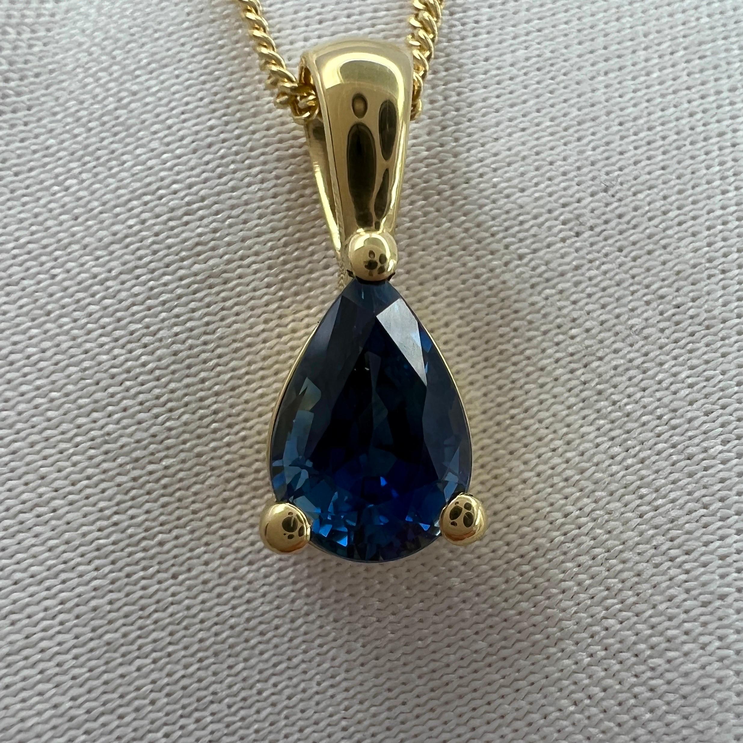 1.00ct Deep Blue Sapphire 18k Yellow Gold Pear Teardrop Cut Solitaire Pendant For Sale 2