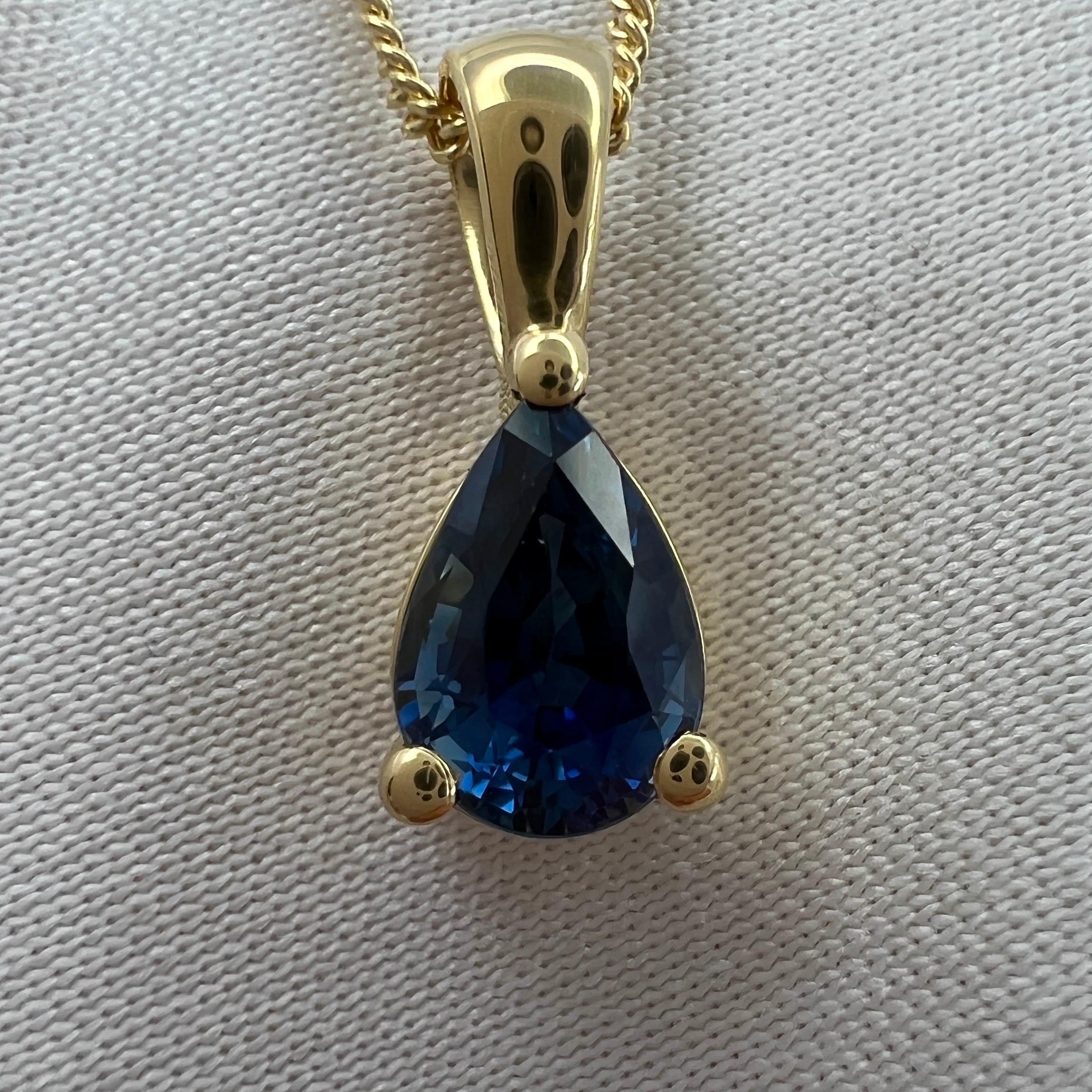 1.00ct Deep Blue Sapphire 18k Yellow Gold Pear Teardrop Cut Solitaire Pendant For Sale 3