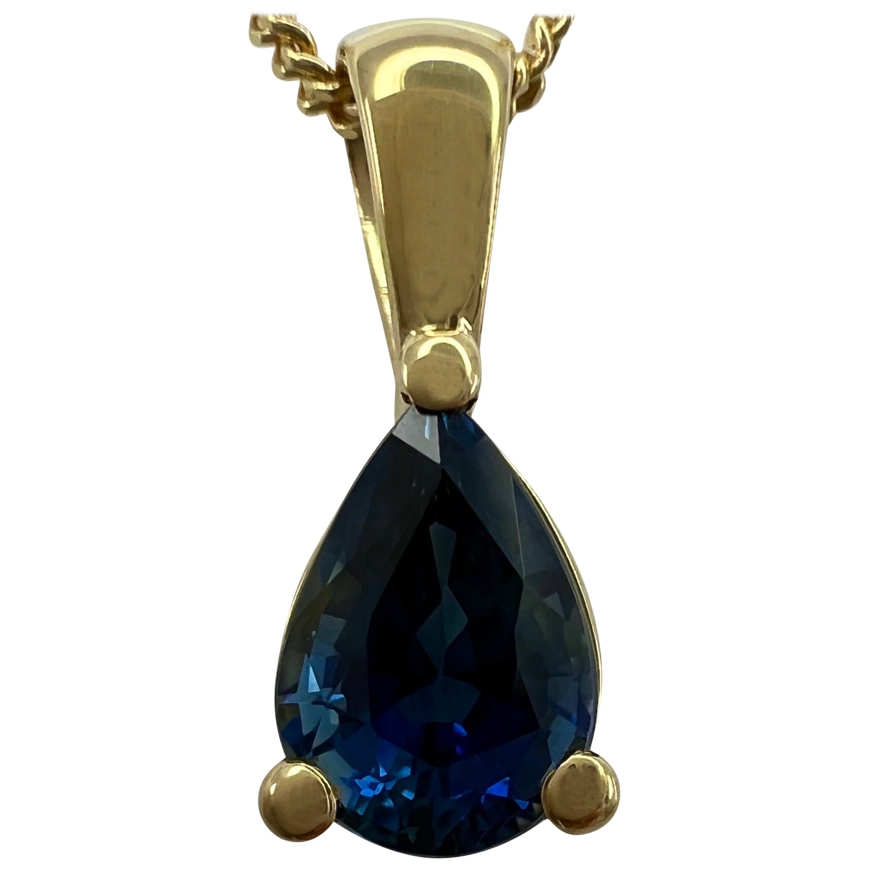 1.00ct Deep Blue Sapphire 18k Yellow Gold Pear Teardrop Cut Solitaire Pendant