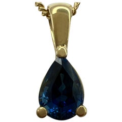1.00ct Deep Blue Sapphire 18k Yellow Gold Pear Teardrop Cut Solitaire Pendant