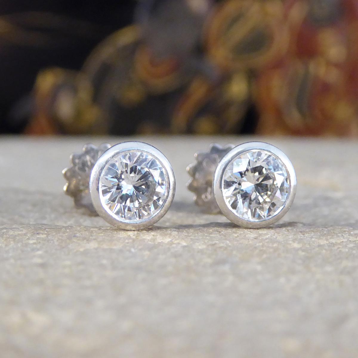 Modern 1.00ct Diamond Bezel Set Stud Earrings with Screw Backs in 18ct White Gold