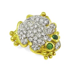 1.00ct Diamond Emerald 18k Yellow and White Gold Frog Pin
