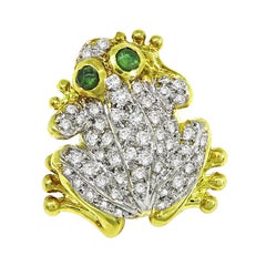 1.00ct Diamond Emerald 18k Yellow and White Gold Frog Pin