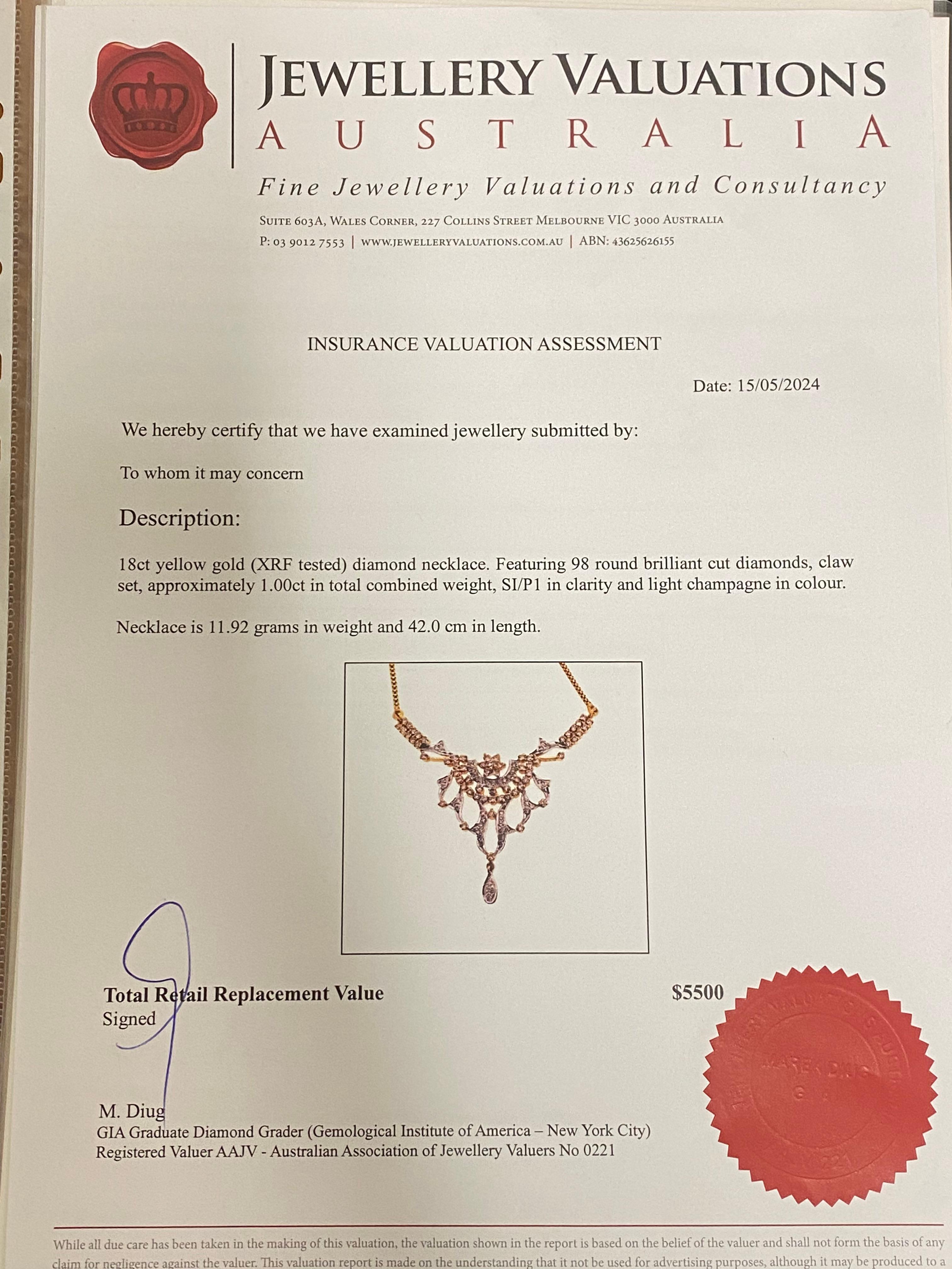1,00 Karat Diamant (Licht-Champagner) Halskette aus 18 Karat zweifarbigem Weiß- und Gelbgold 1