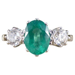 1.00ct Emerald and 0.55ct Diamond Three Stone Ring in Platinum