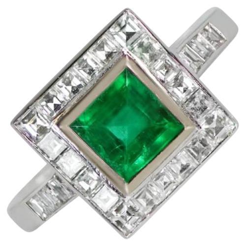 1.00ct Emerald Cut Emerald Engagement Ring, Diamond Halo, 18k Yellow Gold For Sale
