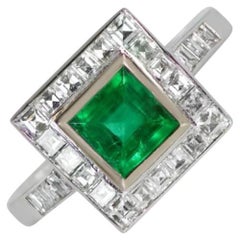 1.00ct Emerald Cut Emerald Engagement Ring, Diamond Halo, 18k Yellow Gold