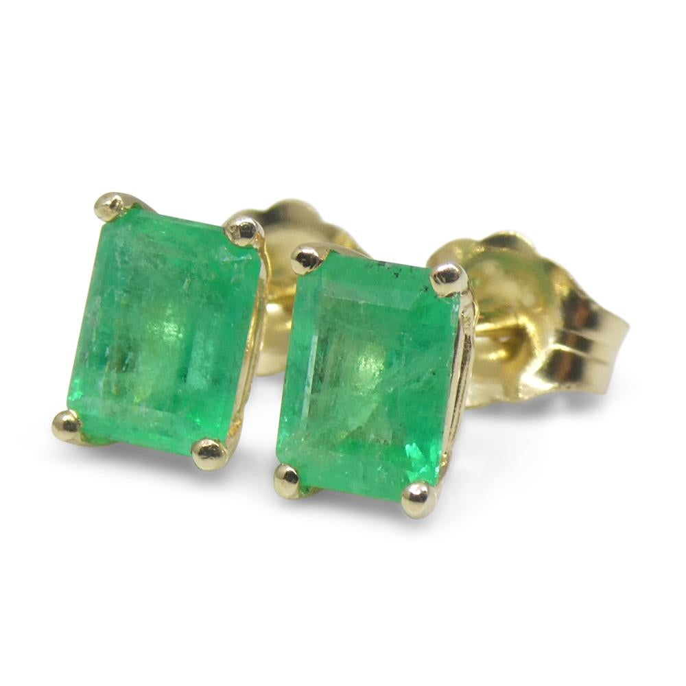 1.00ct Emerald Cut Green Emerald Stud Earrings set in 14k Yellow Gold For Sale 6