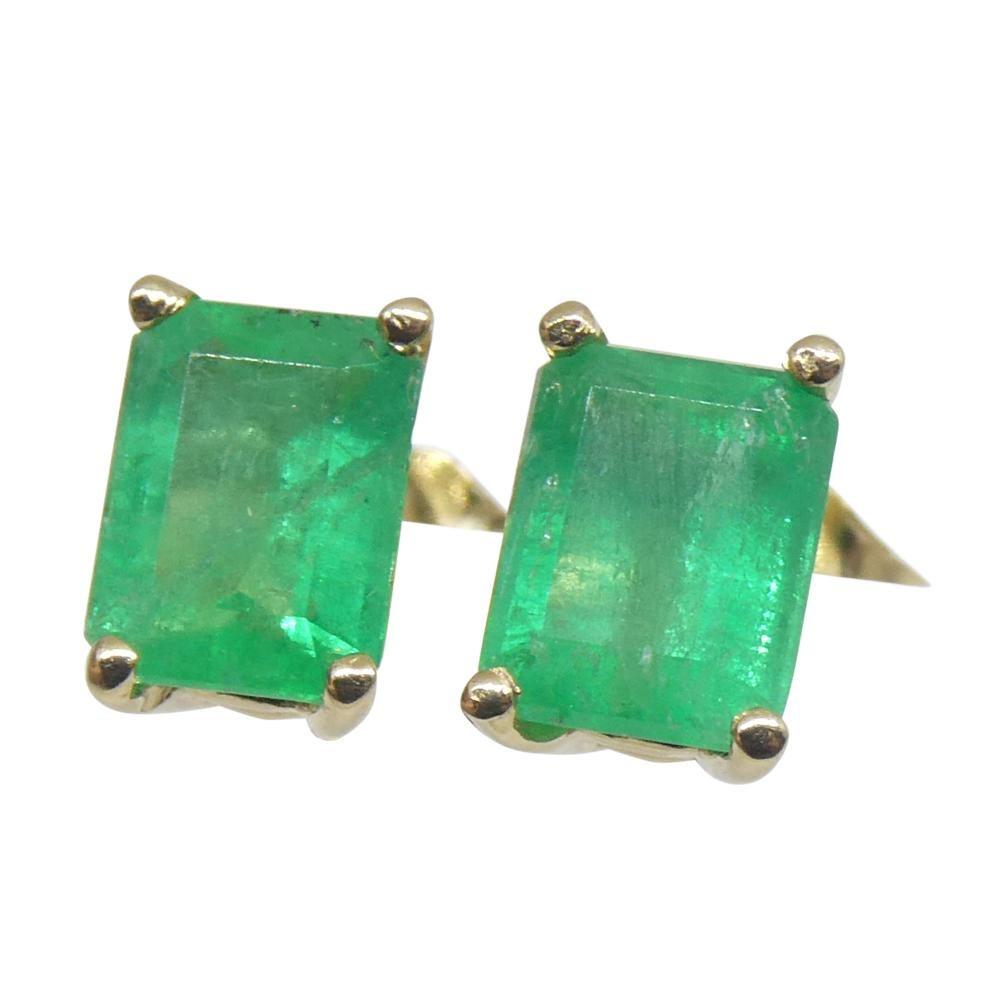 1.00ct Emerald Cut Green Emerald Stud Earrings set in 14k Yellow Gold 9