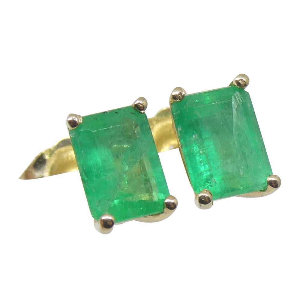 1.00ct Emerald Cut Green Emerald Stud Earrings set in 14k Yellow Gold 10