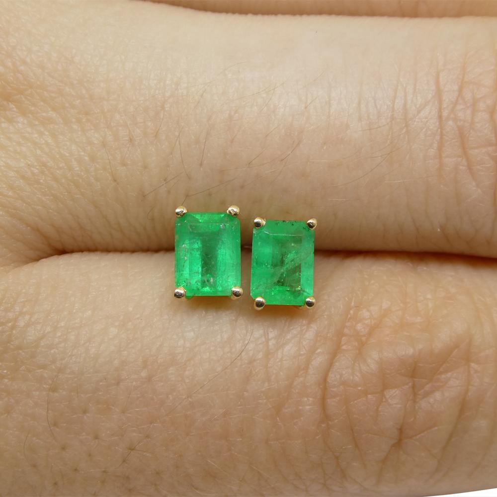 1.00ct Emerald Cut Green Emerald Stud Earrings set in 14k Yellow Gold 11