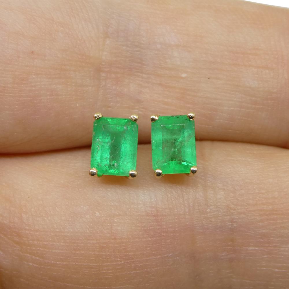 1.00ct Emerald Cut Green Emerald Stud Earrings set in 14k Yellow Gold For Sale 12