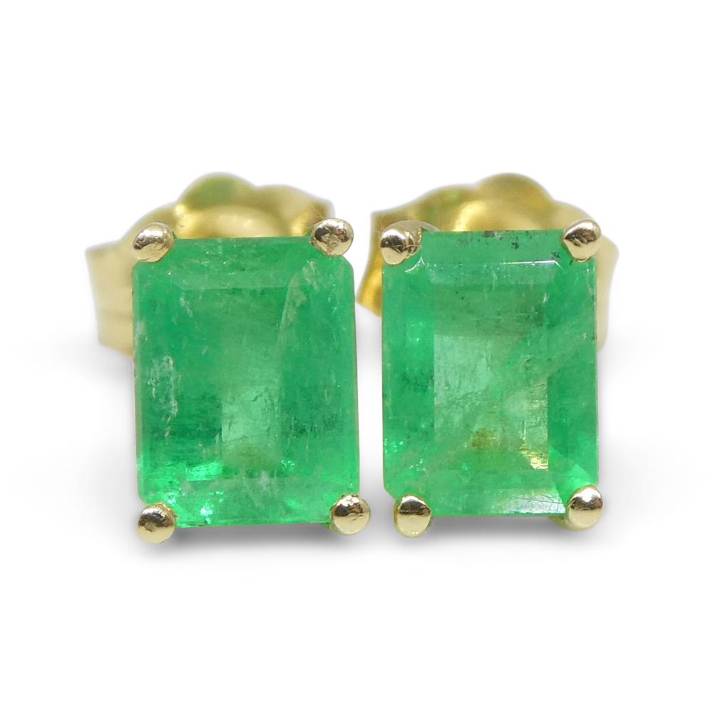 1.00ct Emerald Cut Green Emerald Stud Earrings set in 14k Yellow Gold 13