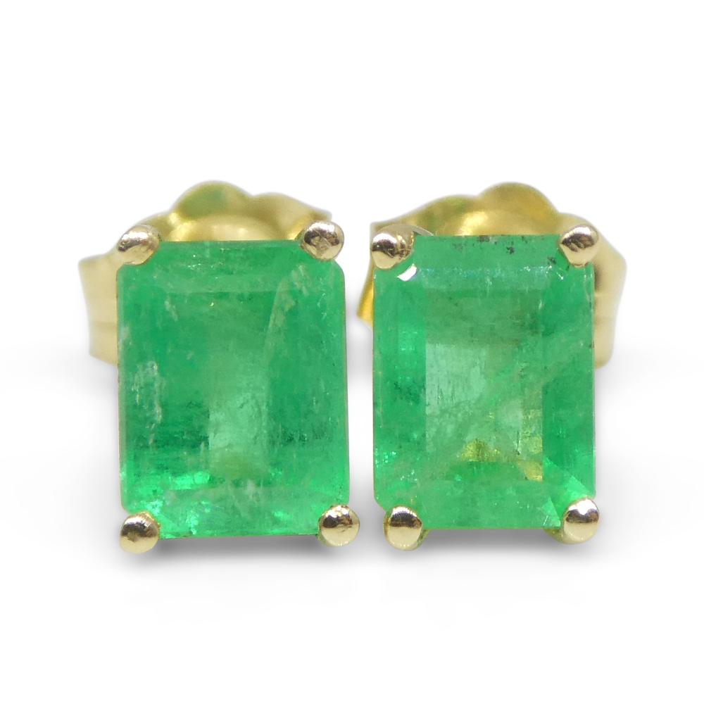 1.00ct Emerald Cut Green Emerald Stud Earrings set in 14k Yellow Gold For Sale 14
