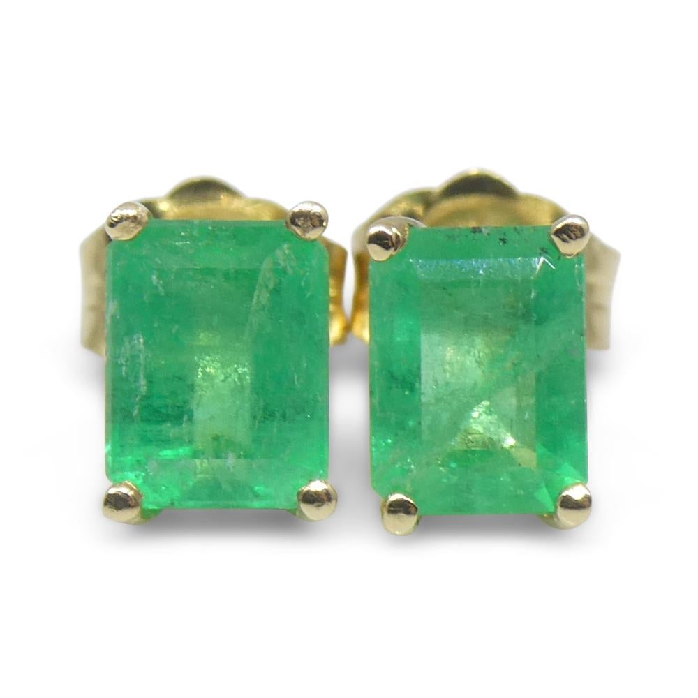 1.00ct Emerald Cut Green Emerald Stud Earrings set in 14k Yellow Gold For Sale 1