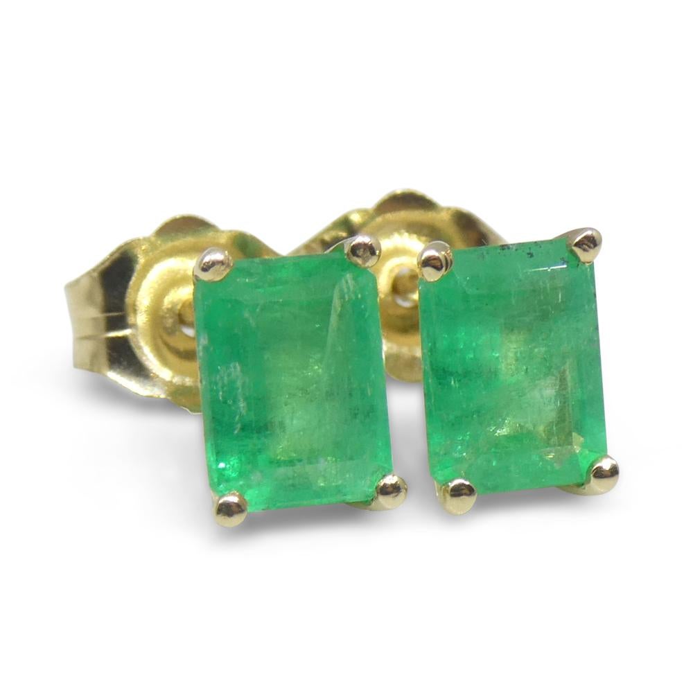 1.00ct Emerald Cut Green Emerald Stud Earrings set in 14k Yellow Gold 2