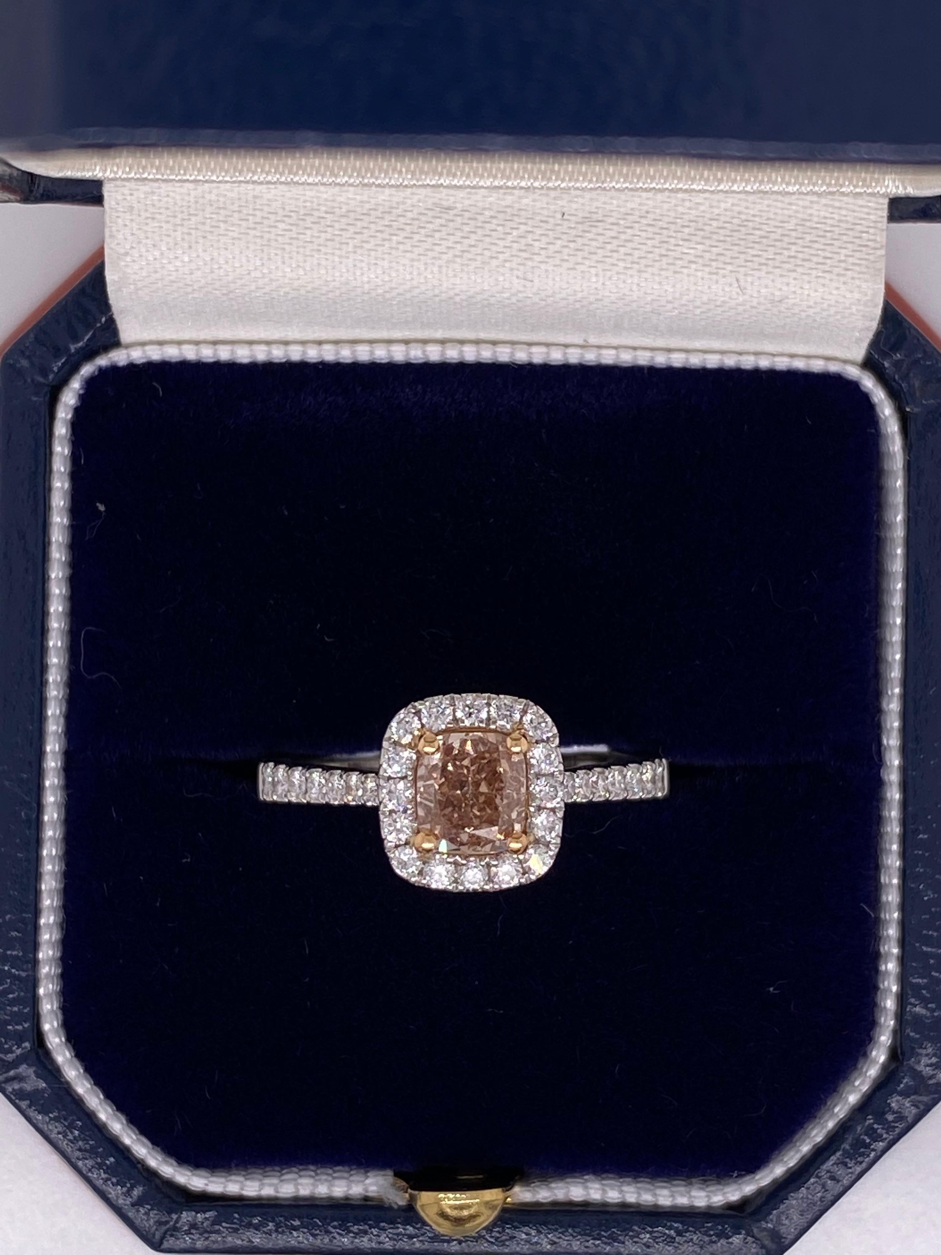 Women's or Men's 1.00ct Fancy Orange/Brown Cushion Cut Diamond 18k White Gold Ring, GIA Certified