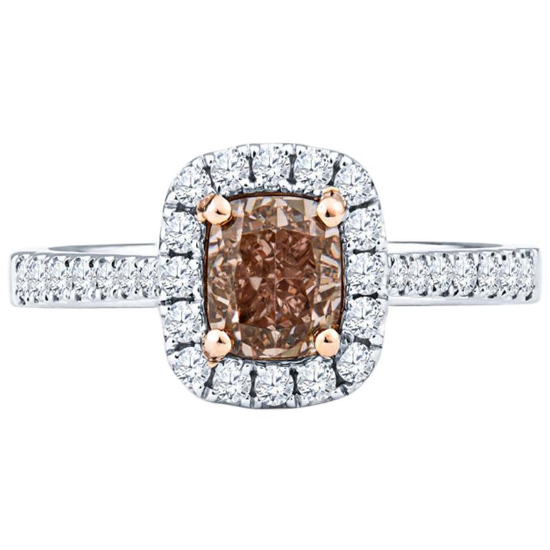 1.00ct Fancy Orange/Brown Cushion Cut Diamond 18k White Gold Ring, GIA Certified