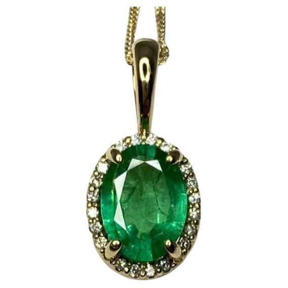 1.00ct Green Emerald & Diamond 18K Yellow Gold Oval Cut Halo Pendant Necklace