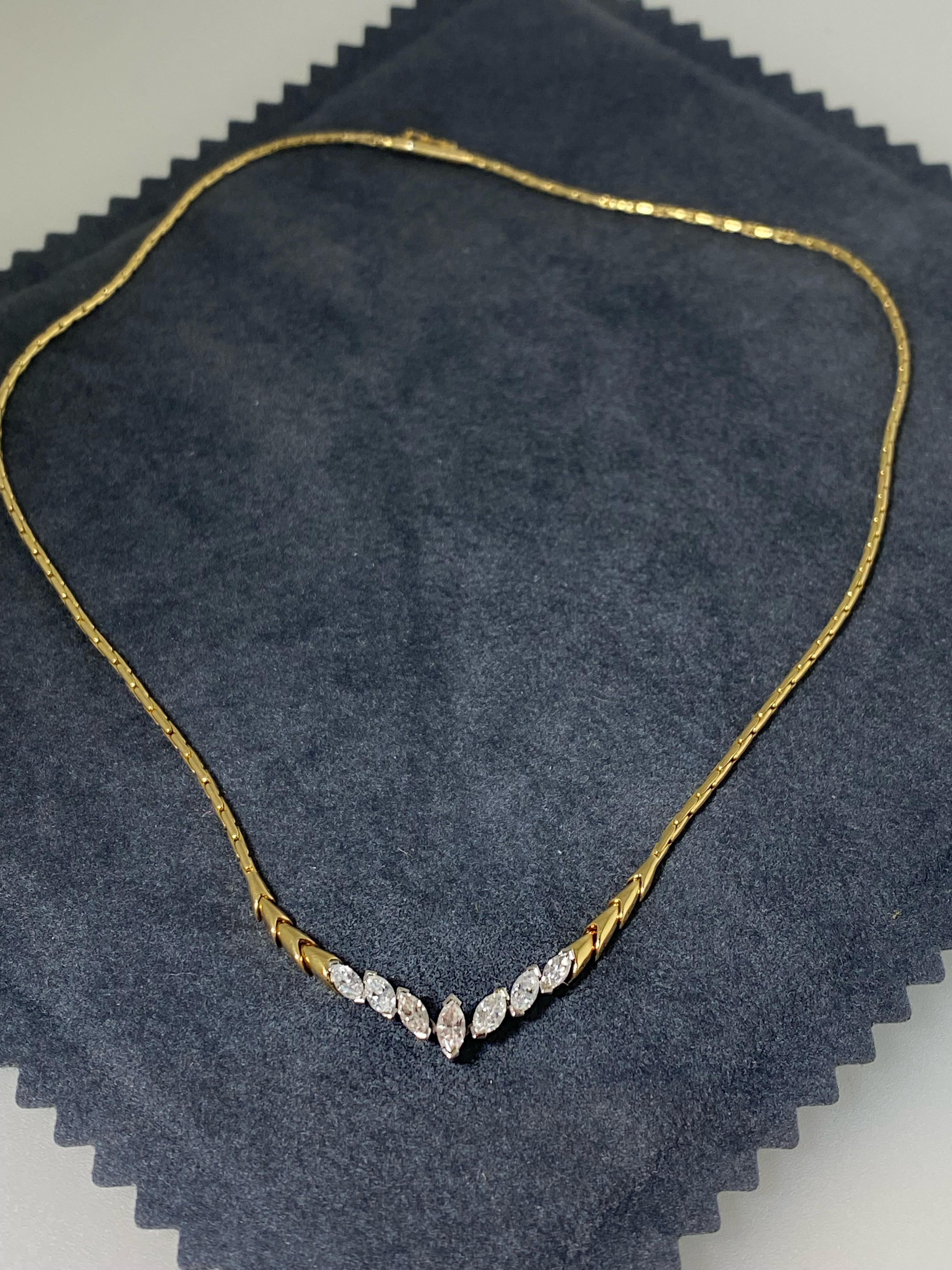 1.00ct Marquise Diamond (x 7) Necklace in 18K Yellow Gold, valued at $5900. For Sale 2