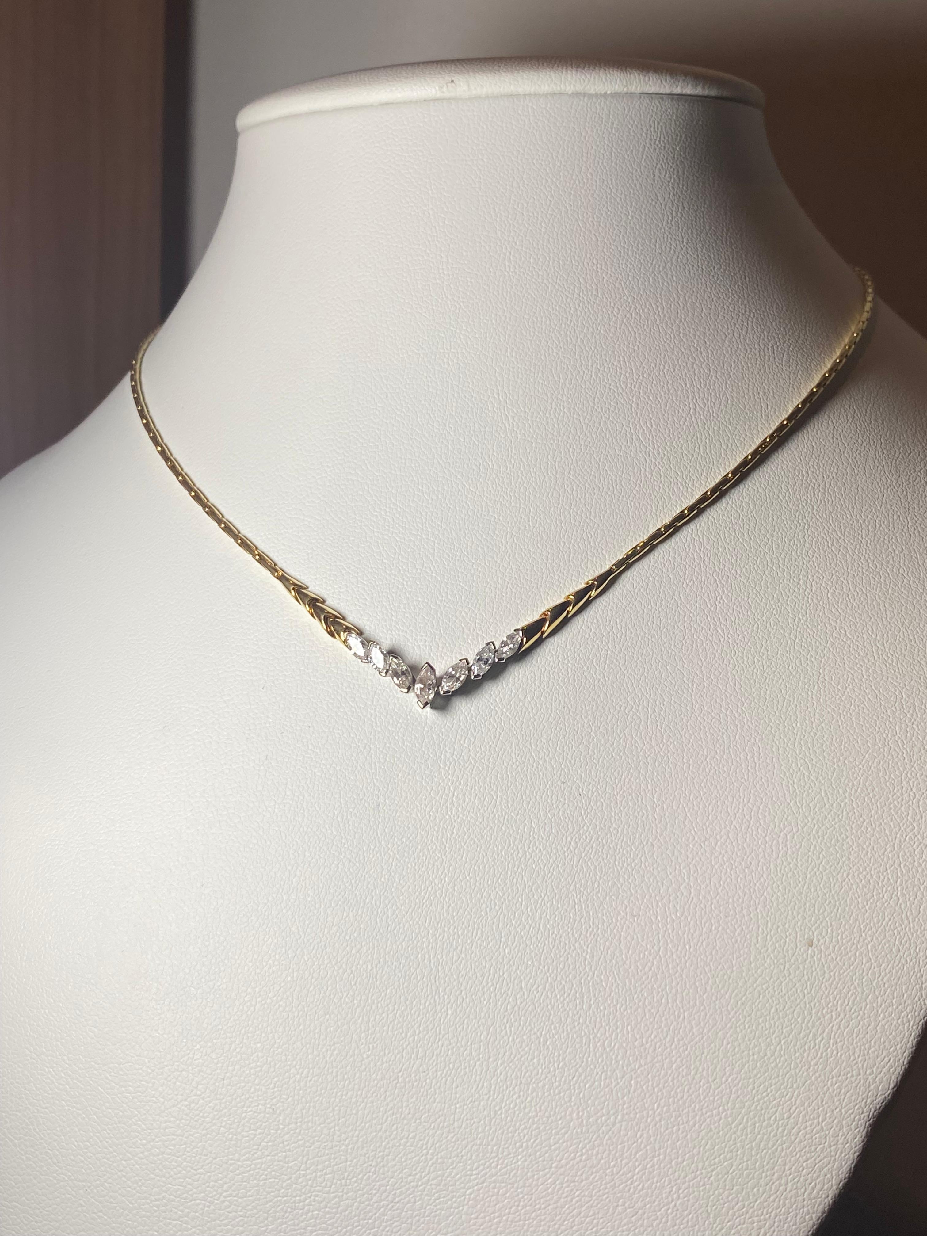 1.00ct Marquise Diamond (x 7) Necklace in 18K Yellow Gold, valued at $5900. For Sale 3