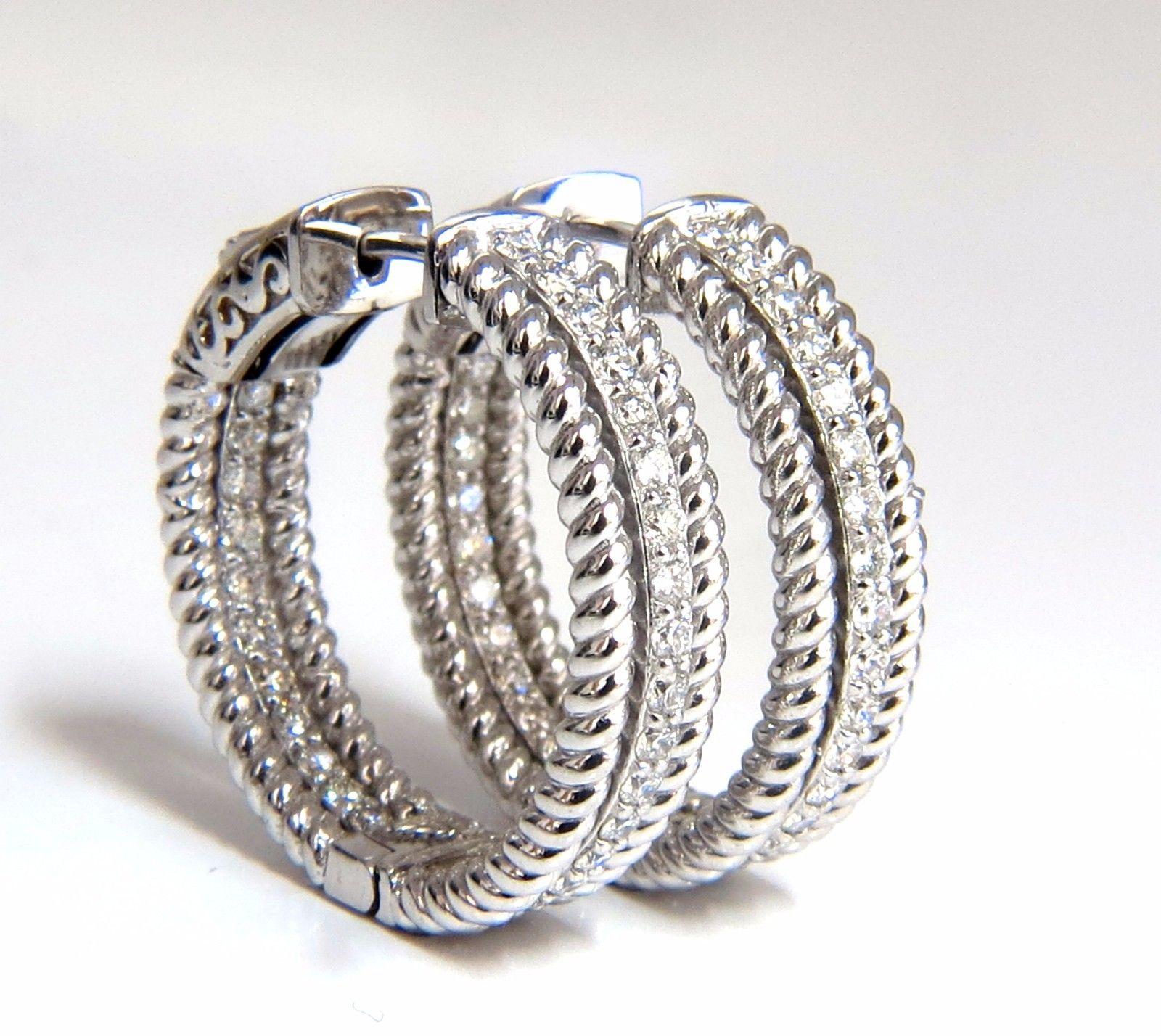 Women's or Men's 1.00ct natural diamond hoop earrings 14kt g/vs Barley Rope Twist 3D & Button For Sale