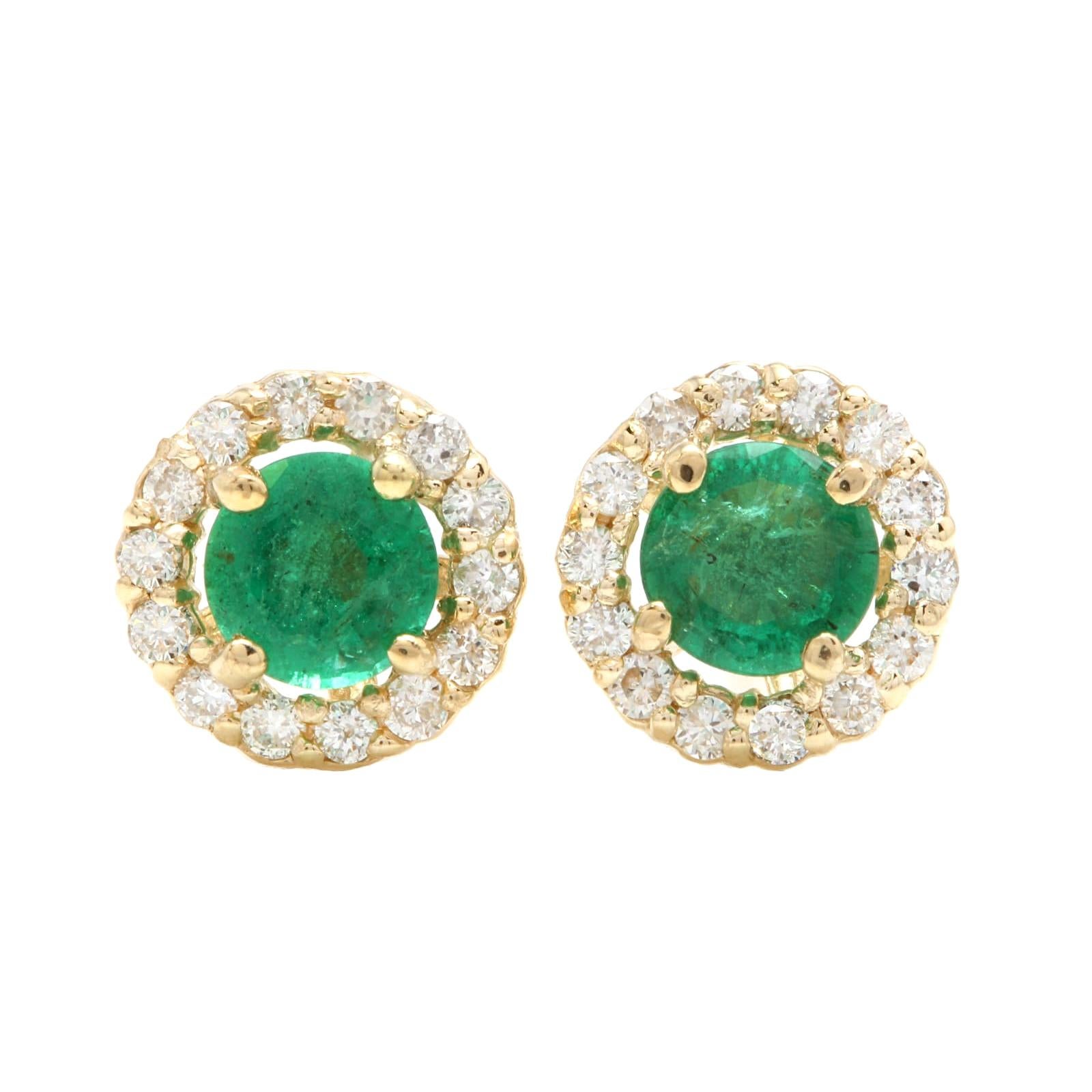 1.00ct Natural Emerald and Diamond 14k Solid Yellow Gold Earrings For Sale