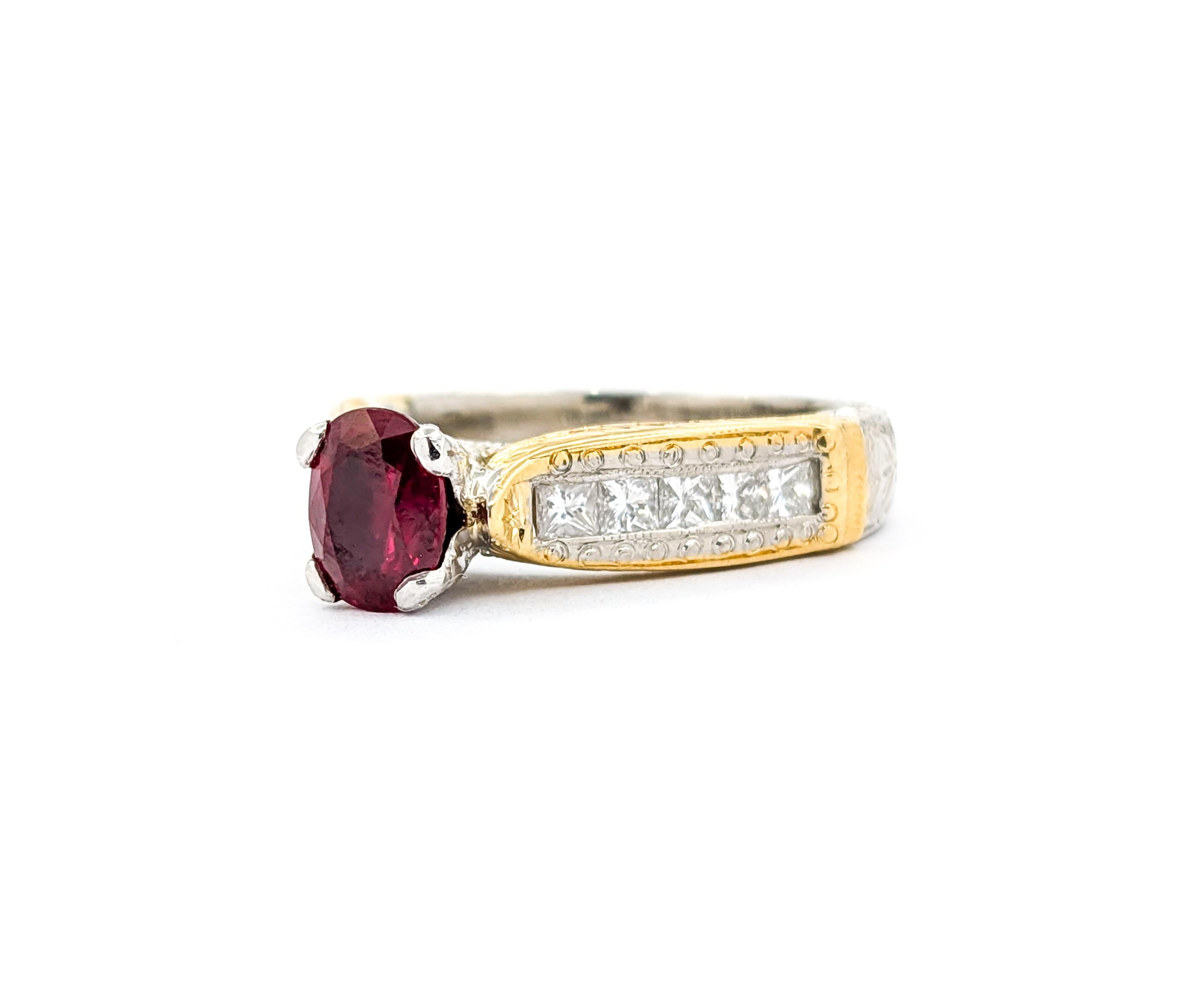 Anillo de rubí natural y diamantes de 1,00 ct en platino y oro amarillo de 18 quilates en venta 6