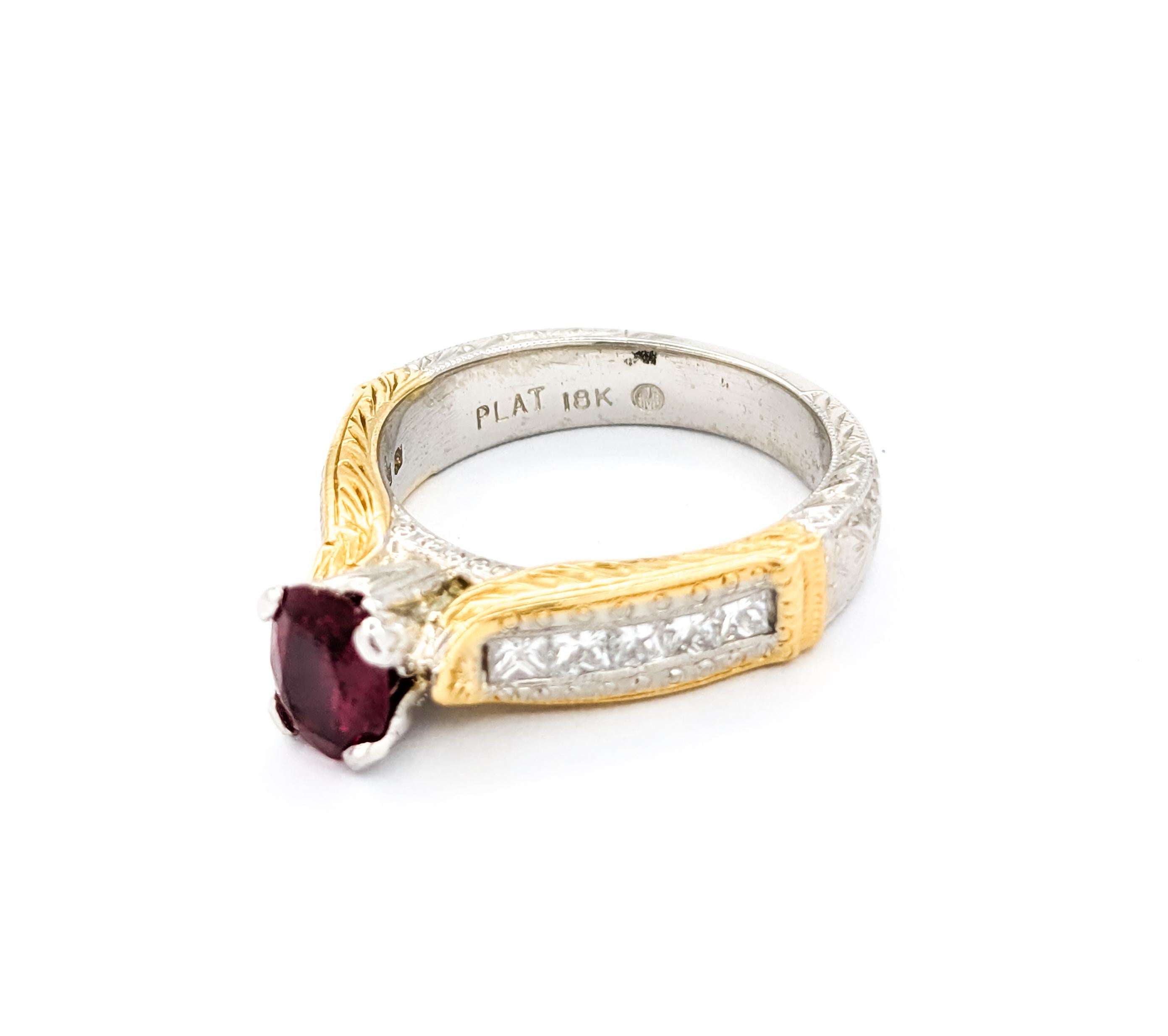 Anillo de rubí natural y diamantes de 1,00 ct en platino y oro amarillo de 18 quilates en venta 7
