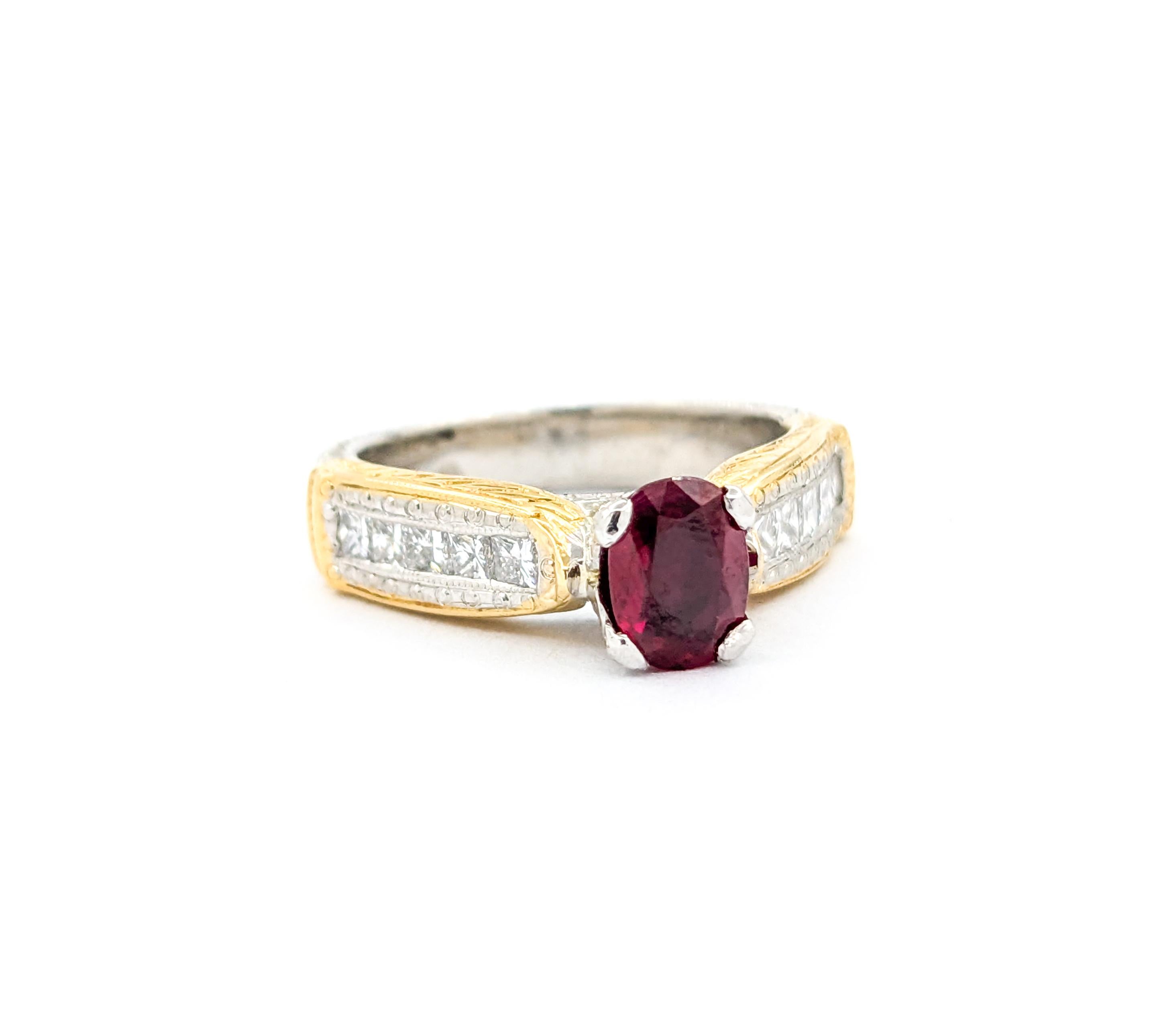 Anillo de rubí natural y diamantes de 1,00 ct en platino y oro amarillo de 18 quilates en venta 2