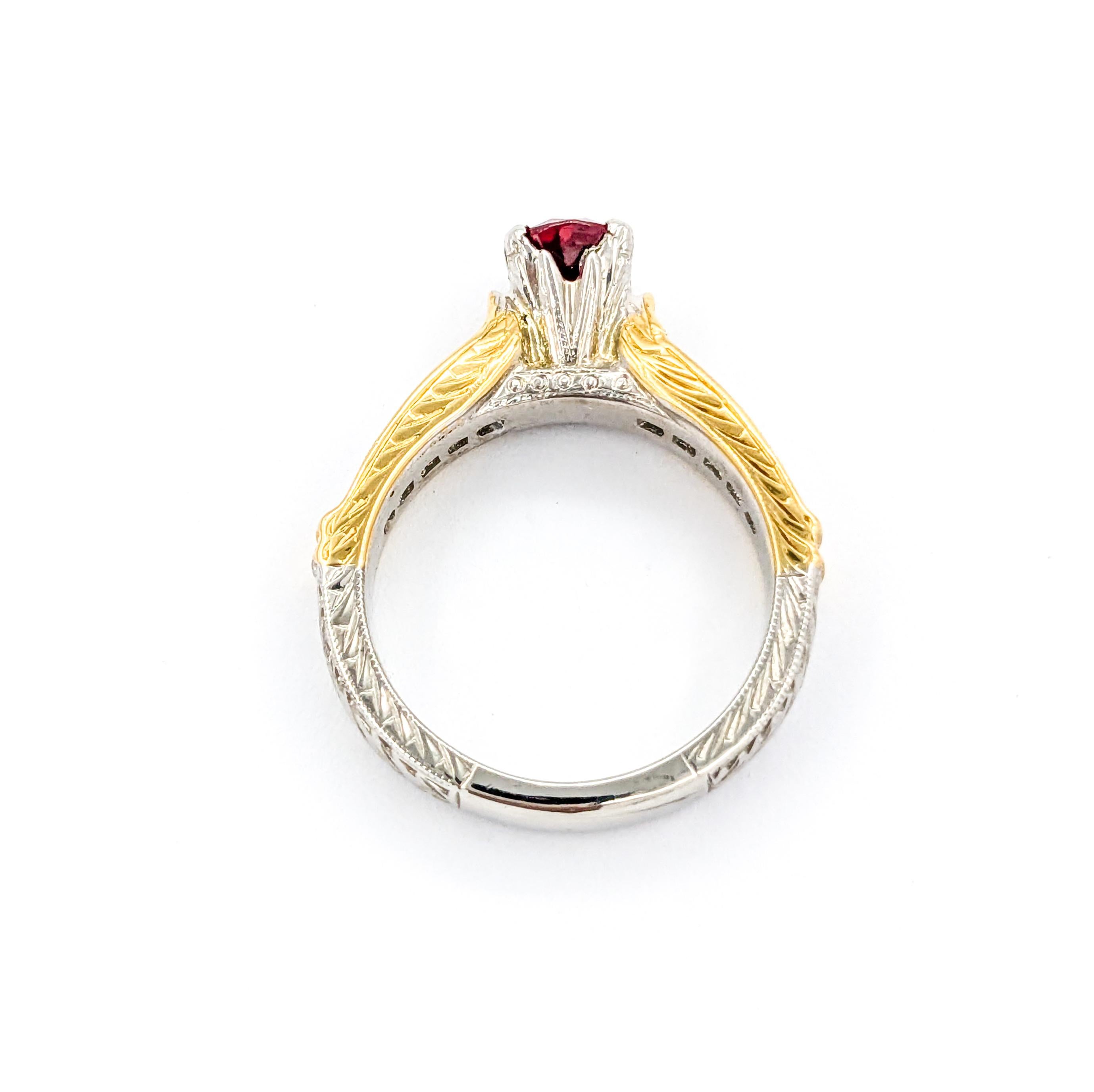 Anillo de rubí natural y diamantes de 1,00 ct en platino y oro amarillo de 18 quilates en venta 3