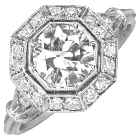 Bague de fiançailles en platine avec diamant taille européenne ancienne de 1,00 carat, couleur H, halo de diamants en vente