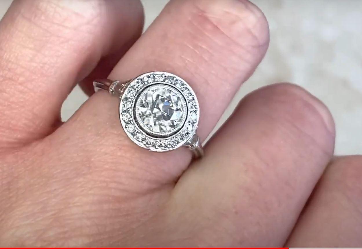 1.00ct Old European Cut Antique Diamond Engagement Ring, Diamond Halo, Platinum For Sale 1