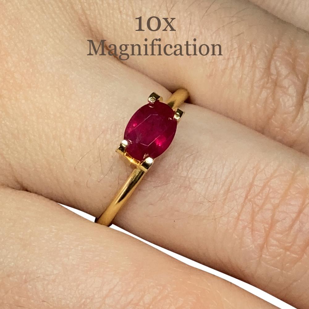 Description:

Gem Type: Ruby
Number of Stones: 1
Weight: 1 cts
Measurements: 6.84 x 5.08 x 3.16 mm
Shape: Oval
Cutting Style Crown: Brilliant Cut
Cutting Style Pavilion: Step Cut
Transparency: Transparent
Clarity: Moderately Included: Inclusions